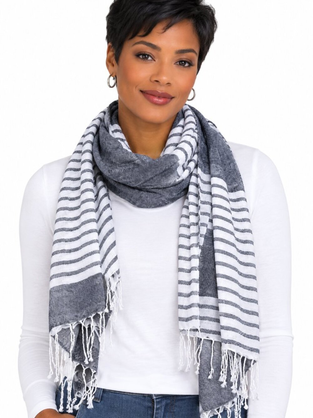 Scarf, Striped Black & White Fringe Scarf
